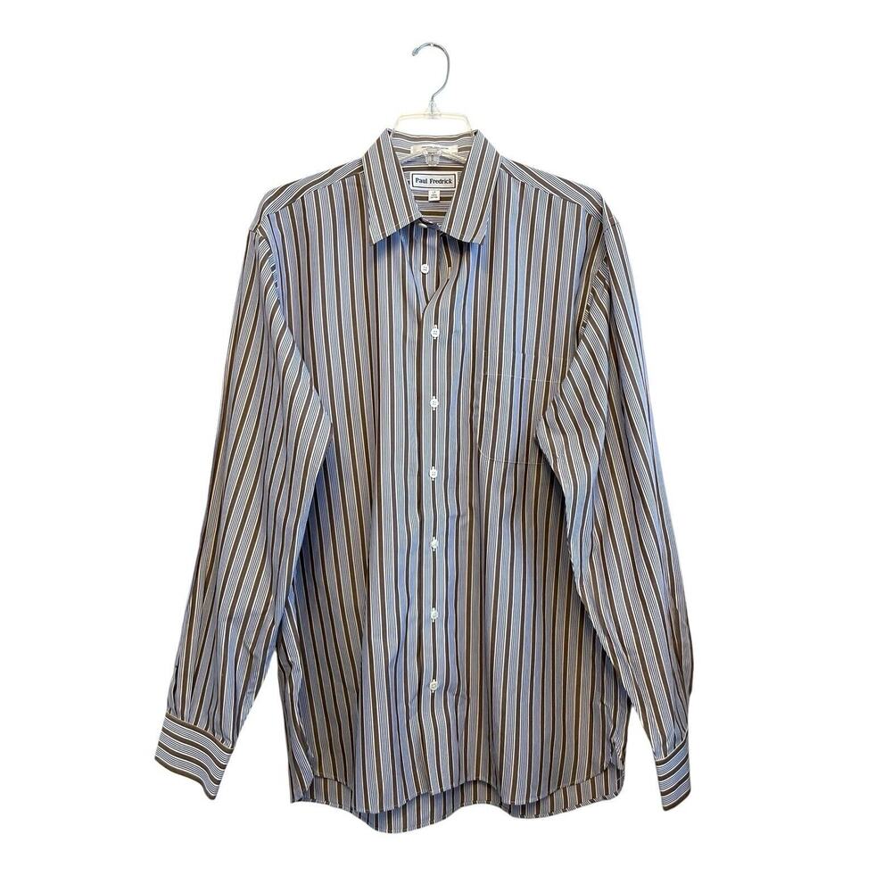 Paul Fredrick‎ Button Up Shirt Men Size Large Tall Brown Blue Stripe 100% Cotton